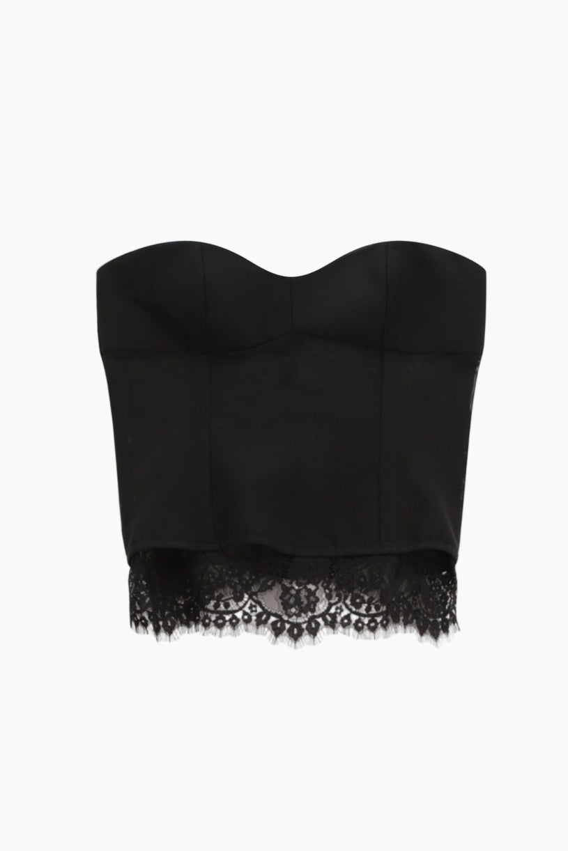 Black strapless top with lace detail on a white background