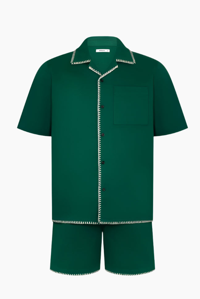 Green shirt and shorts set with white trim