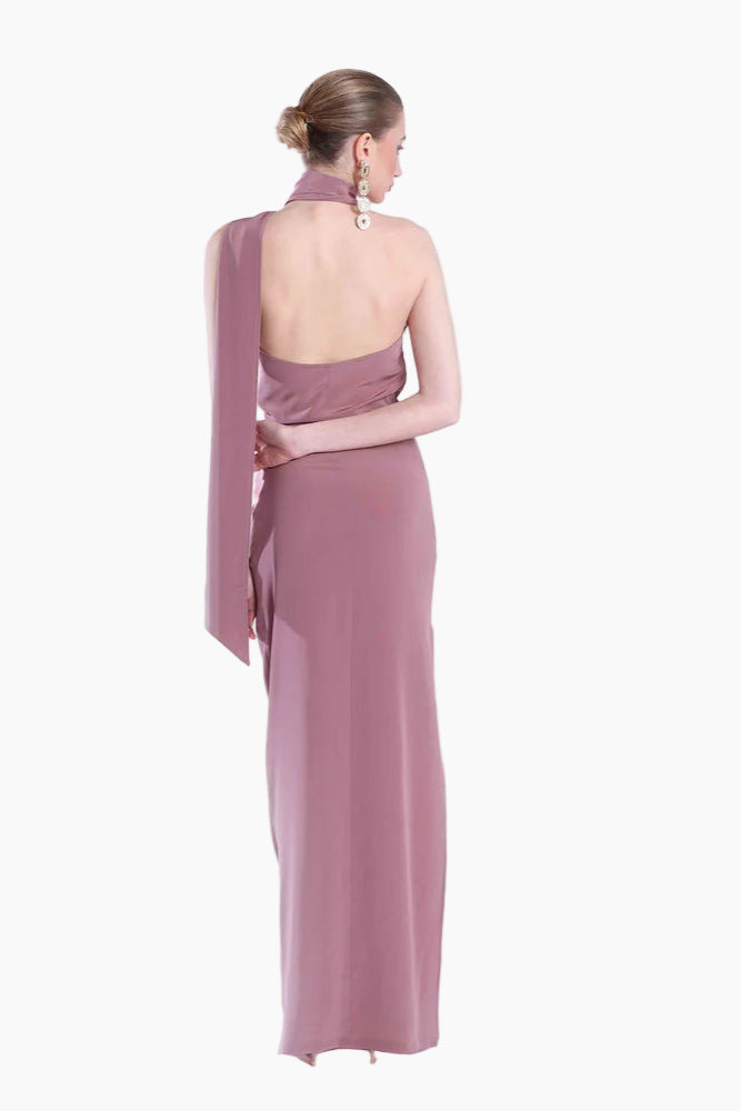 Mauve evening gown with a draped shoulder design on a white background