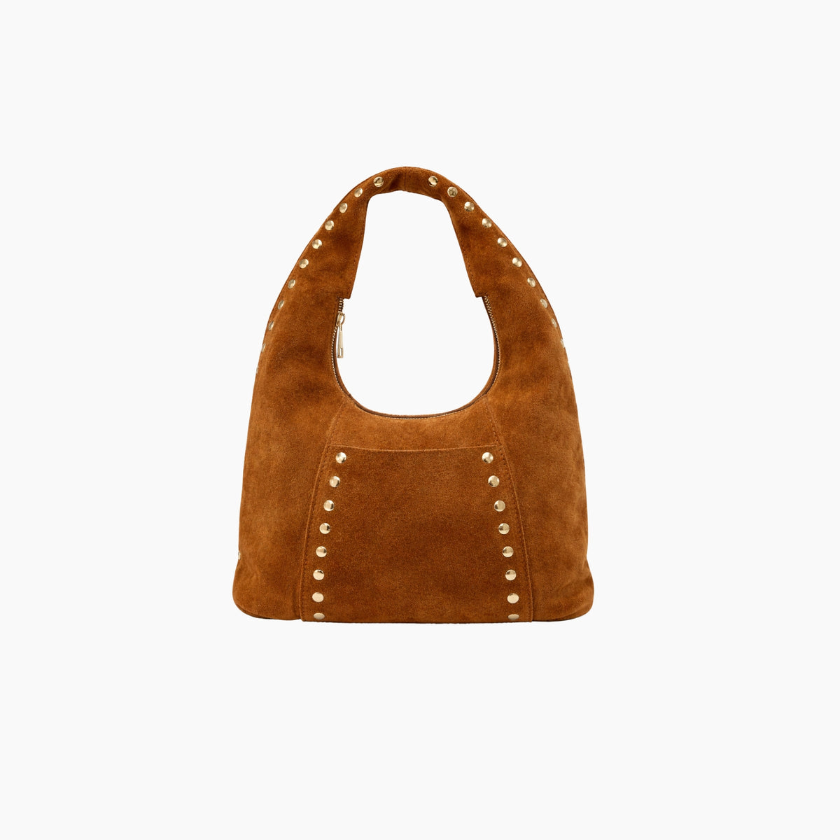 Brown suede handbag with studded details on a white background
