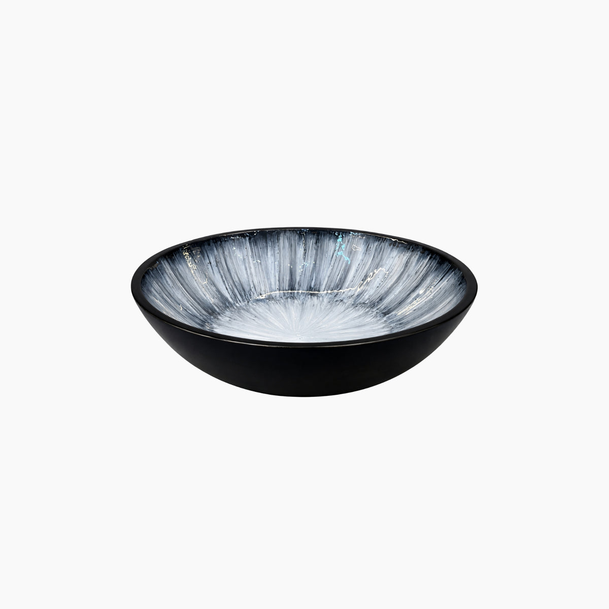 Black glass bowl with blue interior on a white background