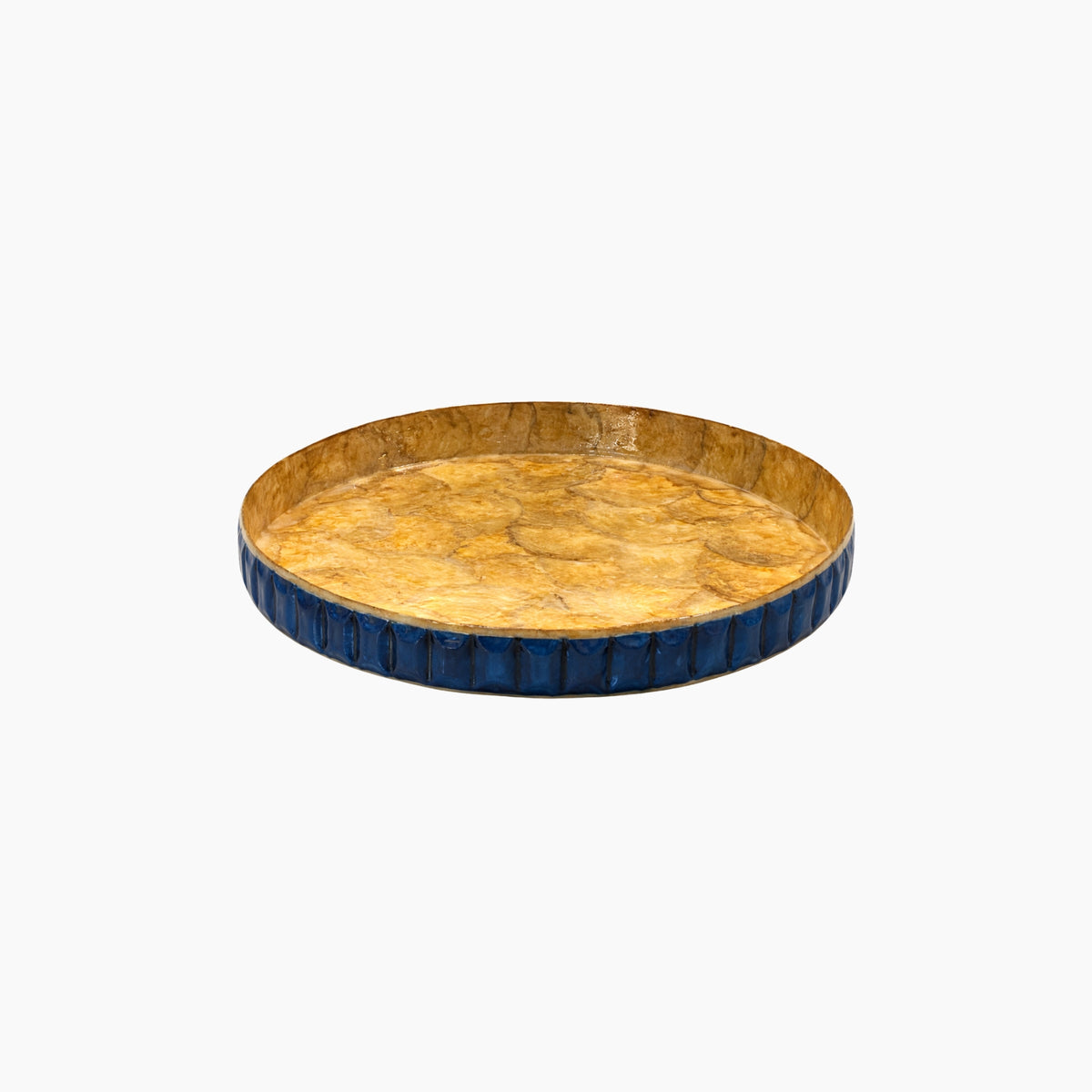 Round wooden tray with blue rim on a white background