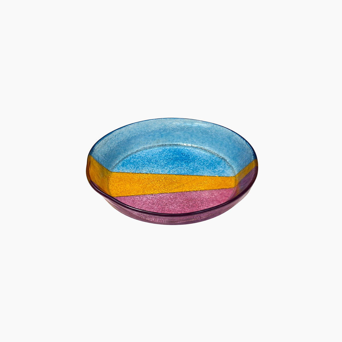 Colorful bowl with blue, yellow, and pink layers on a white background