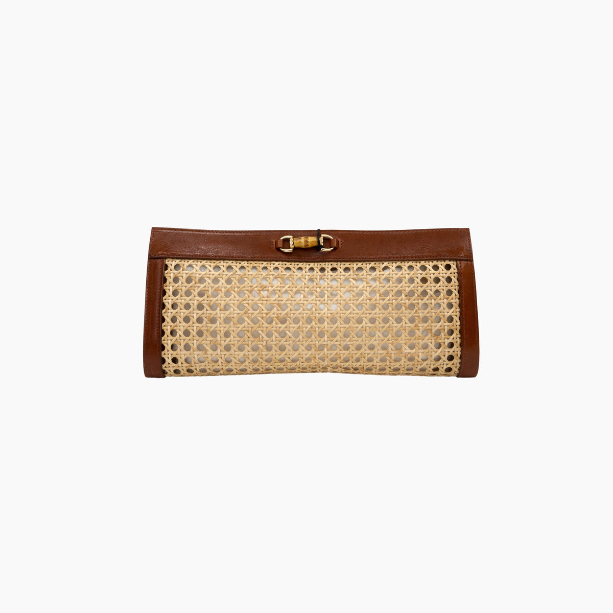 Clutch bag with woven design and brown leather trim on a white background