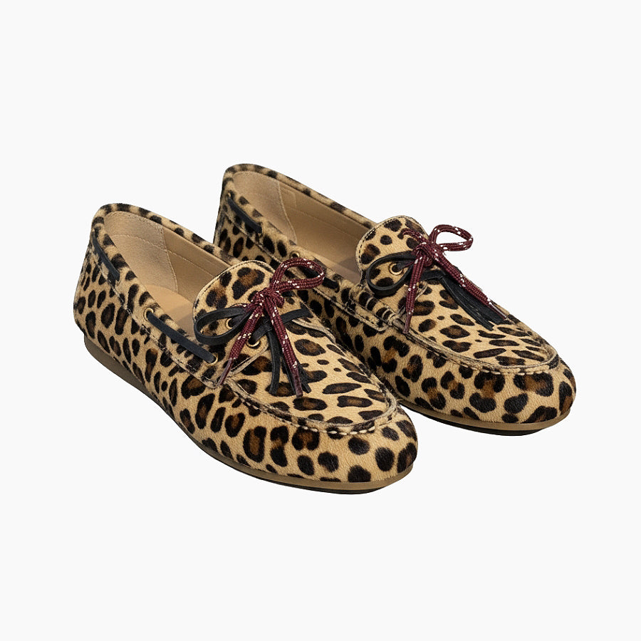 leopard loafer with a burgundy bow tie upfront