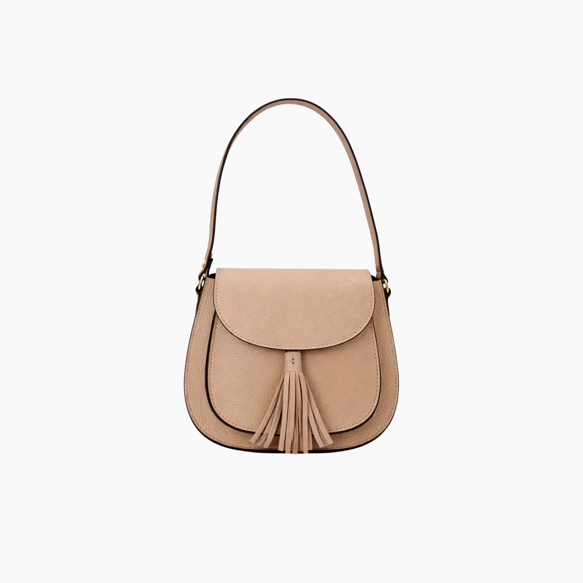 Beige handbag with a tassel on a white background