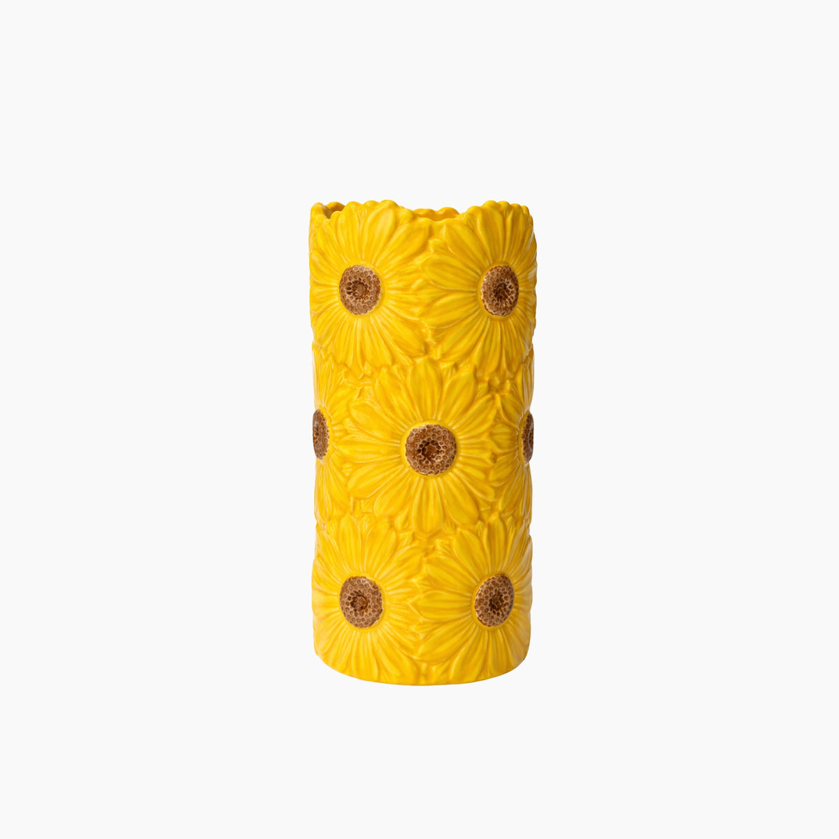 Yellow textured vase with floral patterns on a white background