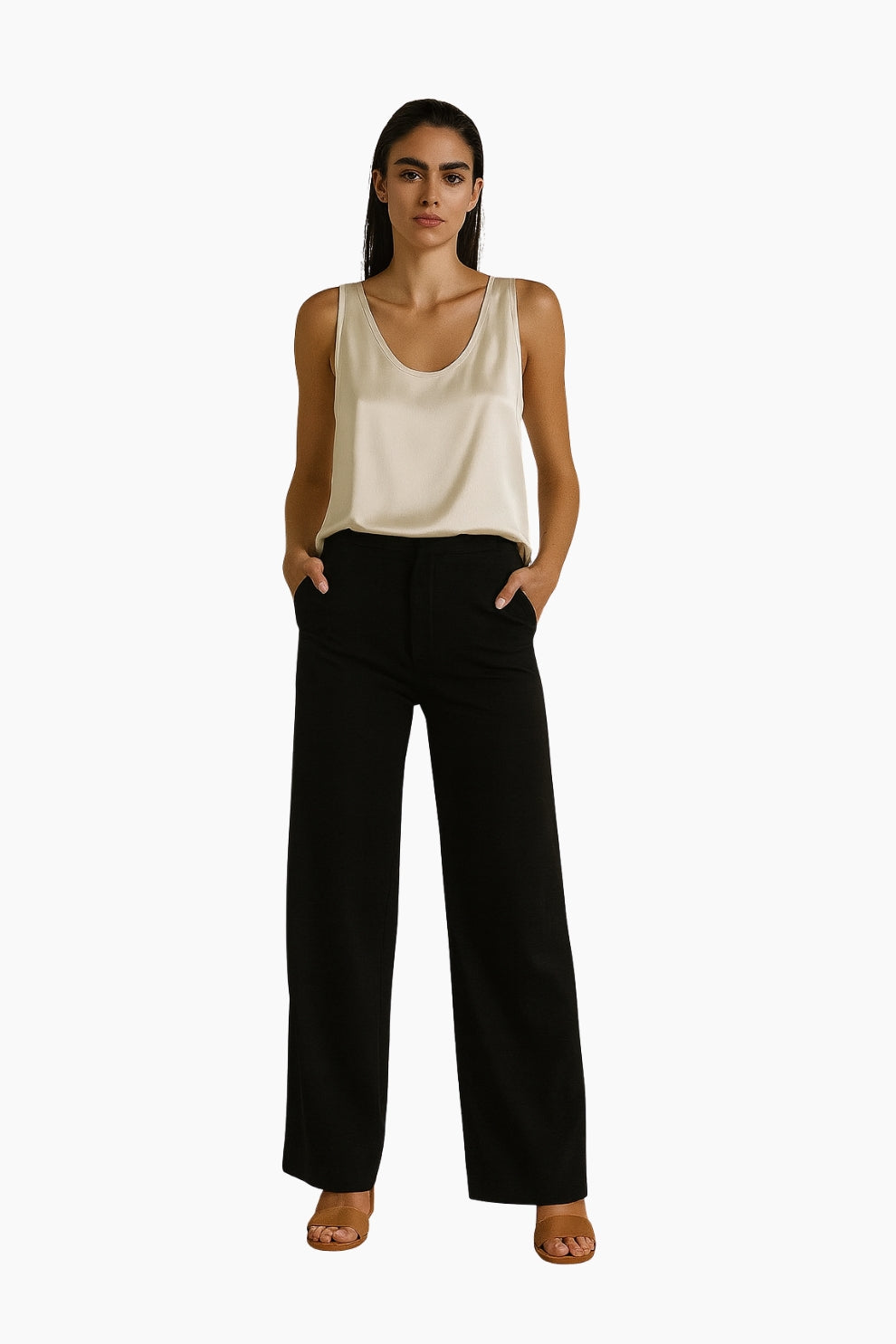 Woman wearing a beige sleeveless top and black pants