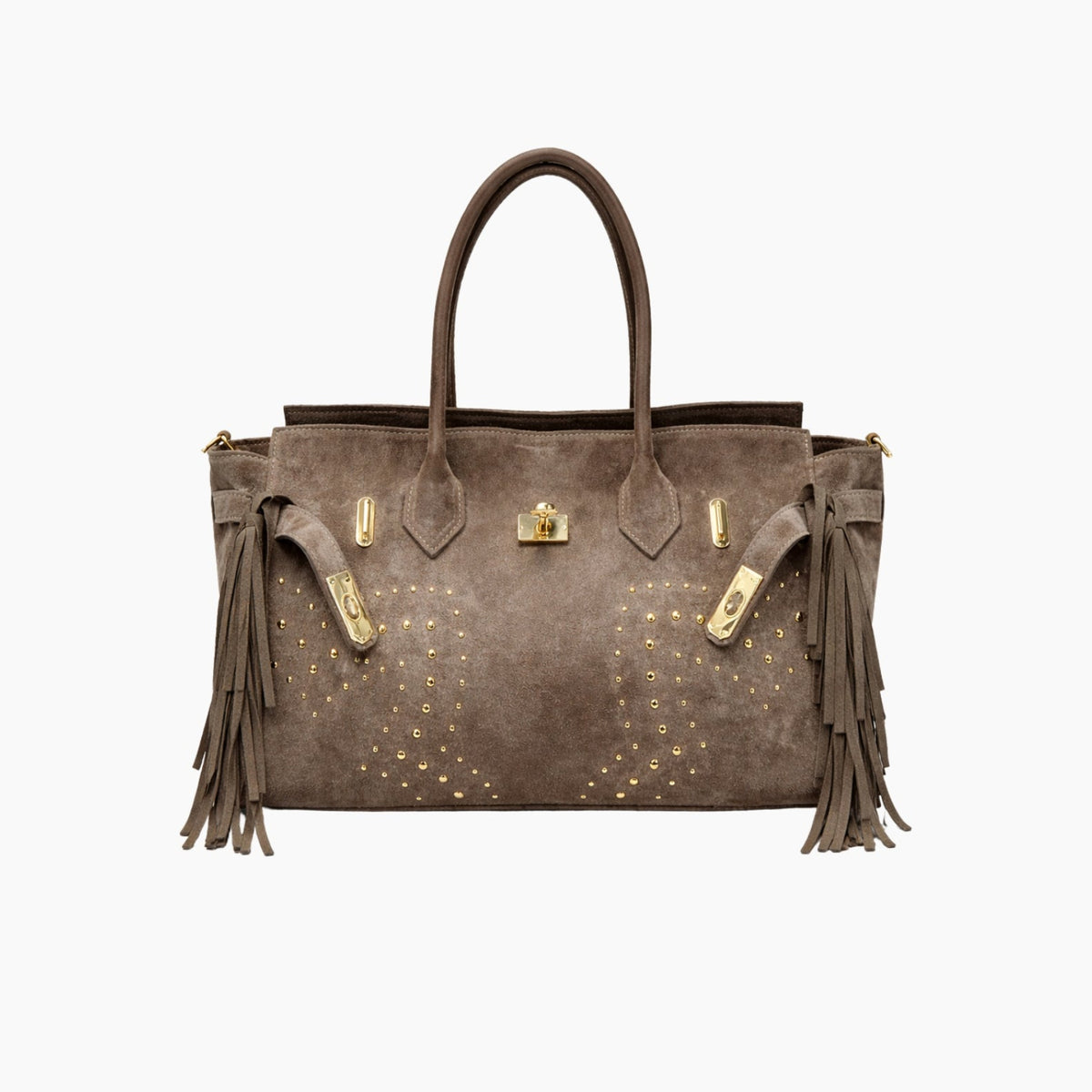 Brown handbag with gold studs and fringes on a white background