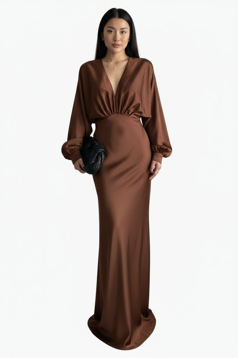 Woman wearing a brown evening gown
