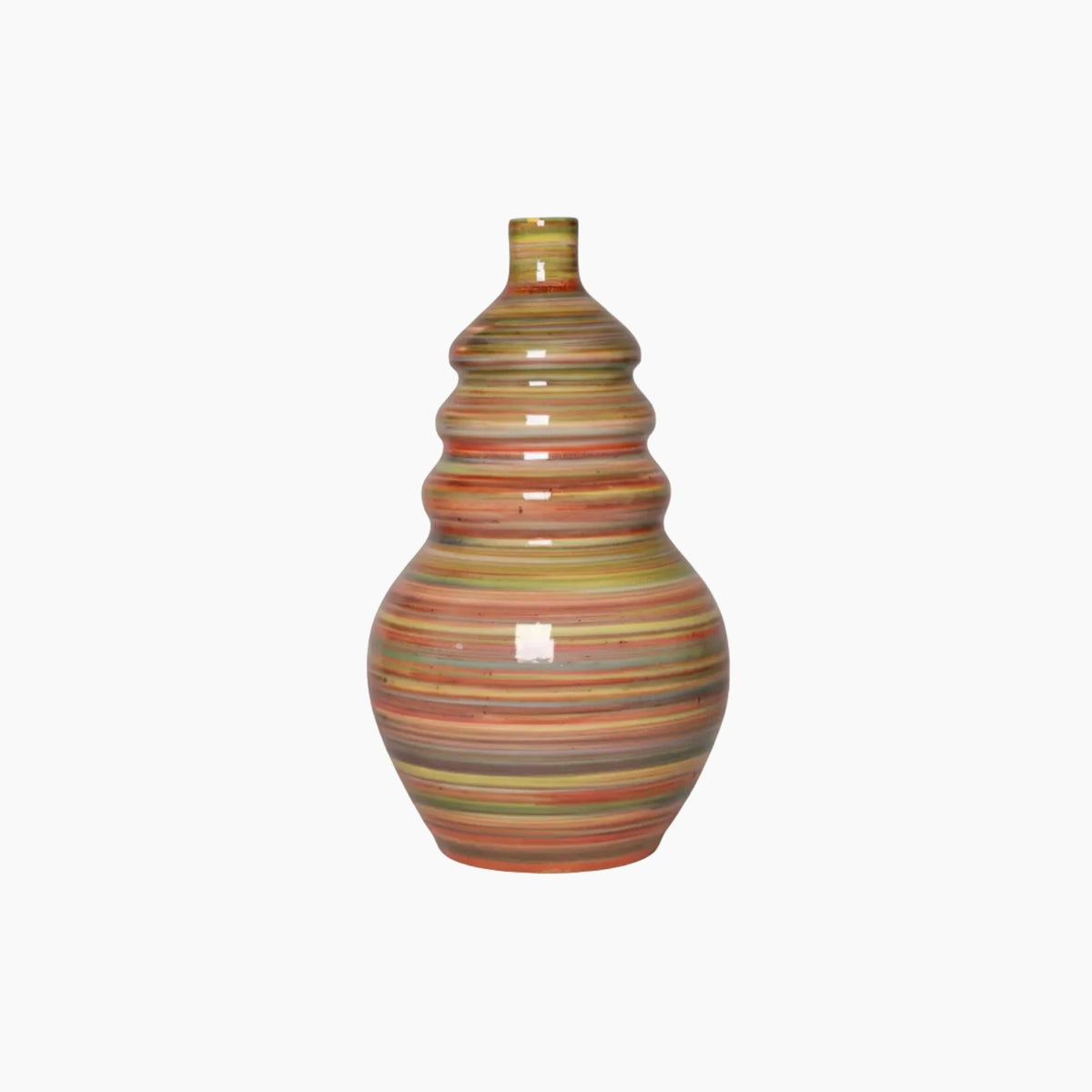 Decorative vase with multicolored stripes on a white background
