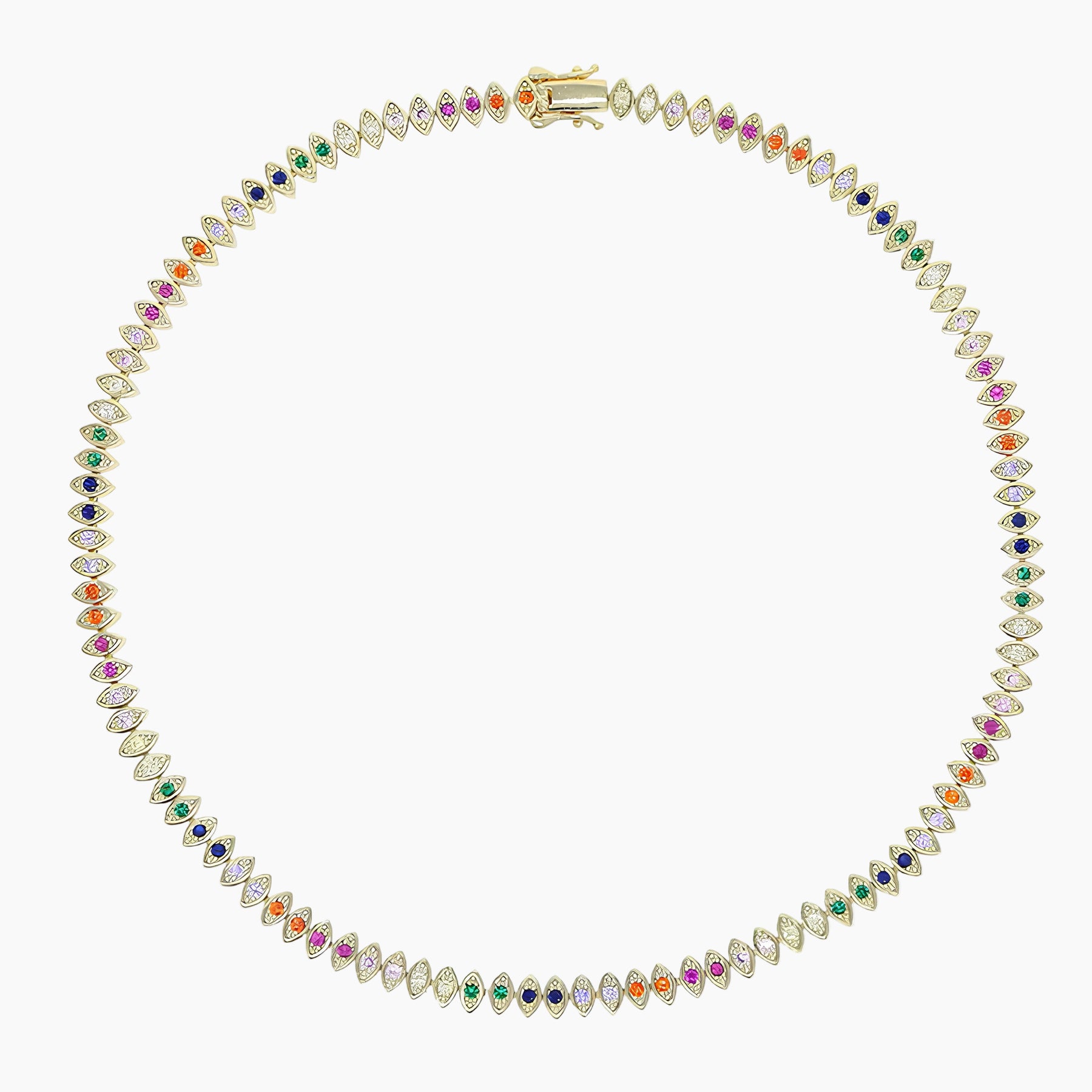 Multicolored gemstone necklace on a white background