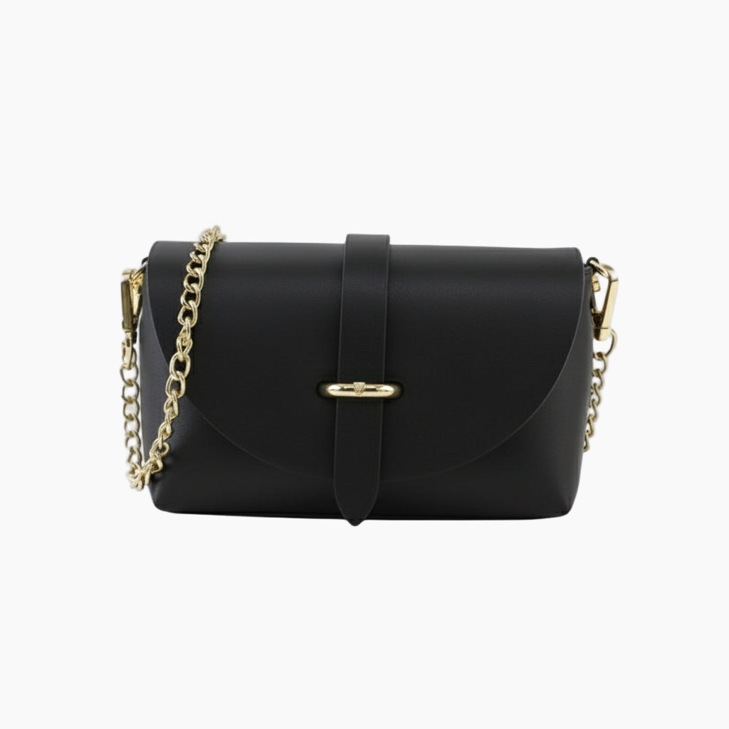 Black handbag with gold chain strap