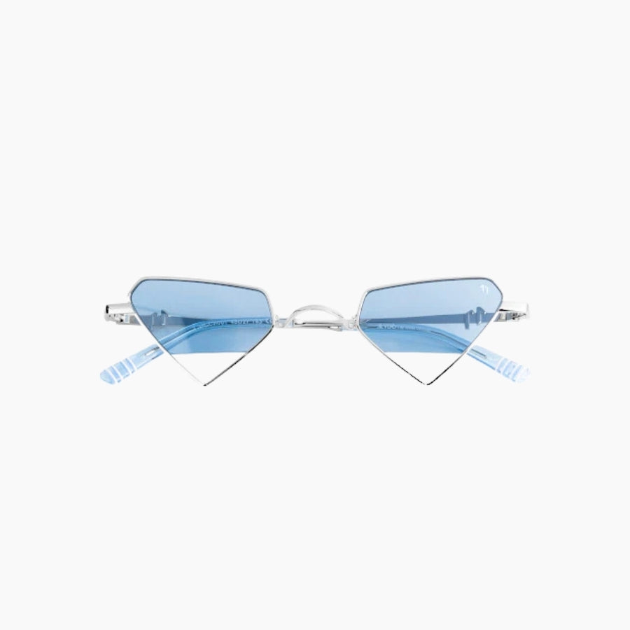 Sunglasses with blue lenses and thin metal frame on a white background