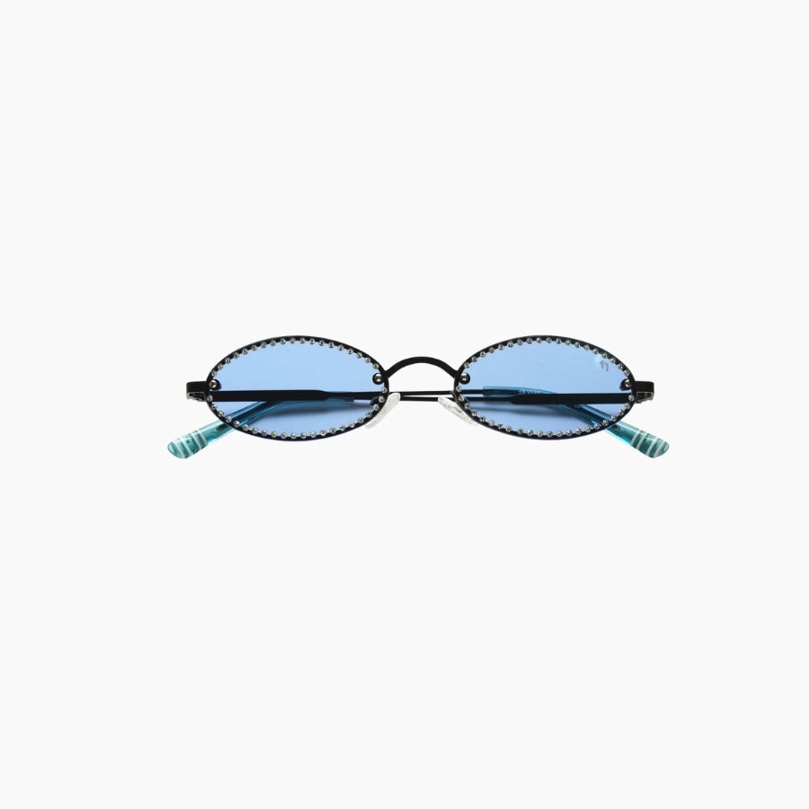 Sunglasses with blue lenses and black frame on a white background