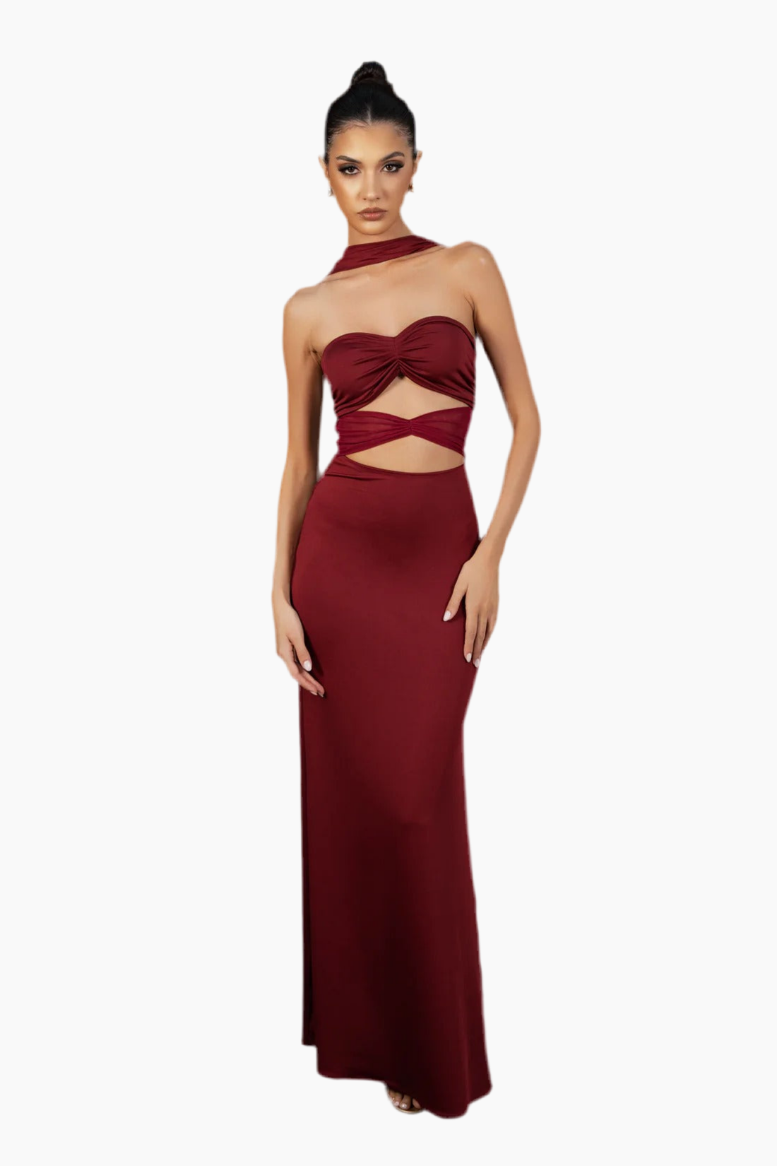 Burgundy evening gown with cut-out design.