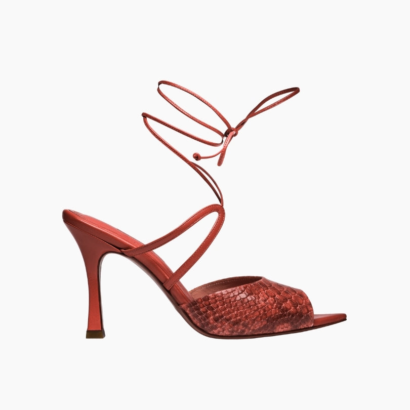 Red high-heeled sandal with thin straps
