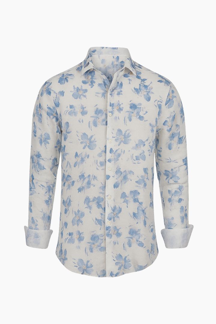 White shirt with blue floral pattern