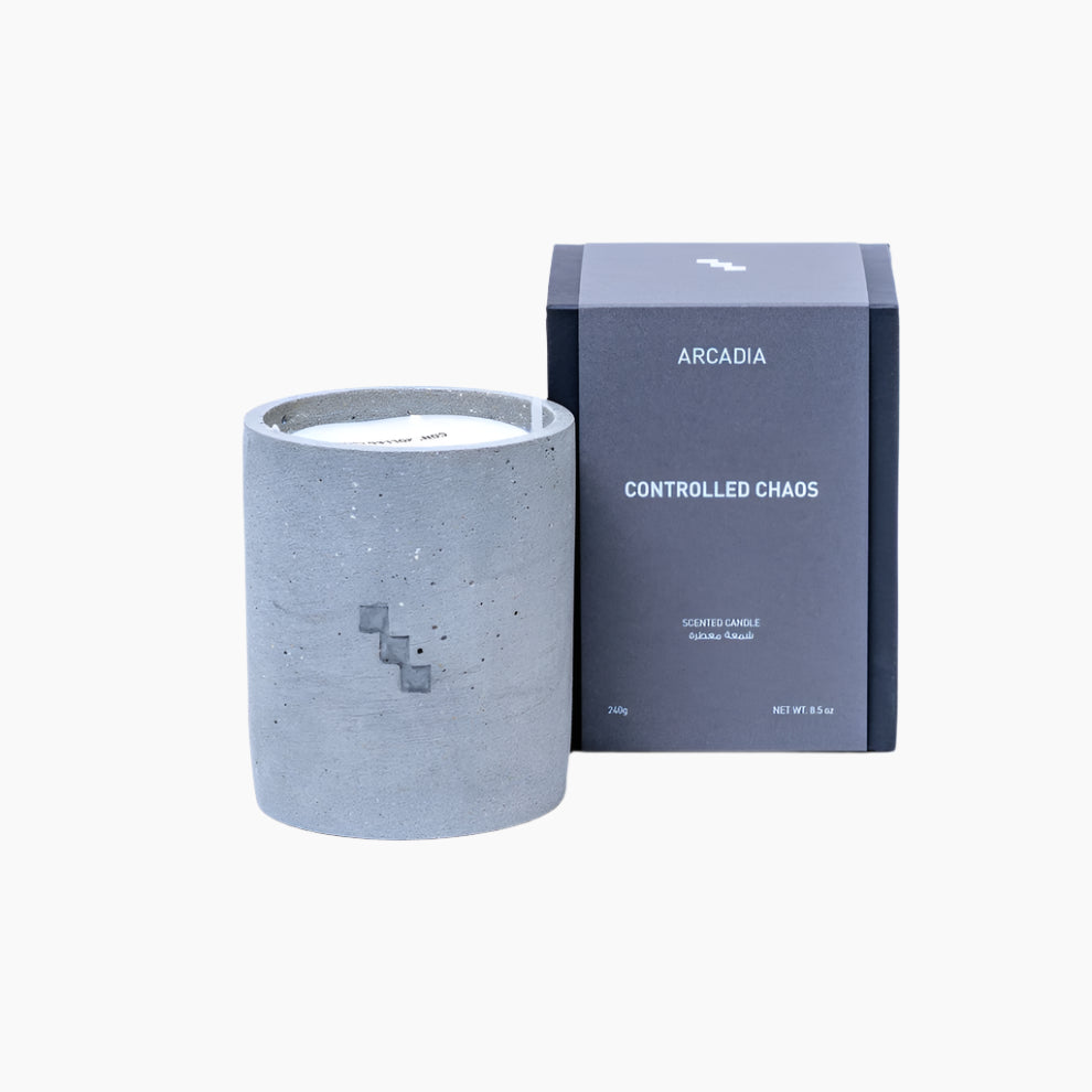 Concrete candle with 'Arcadia' packaging, AMBER, VANILLA, TONKA BEAN, CISTUS LABDANUM,SANDALWOOD, MUSK, PATCHOULI, VETIVER