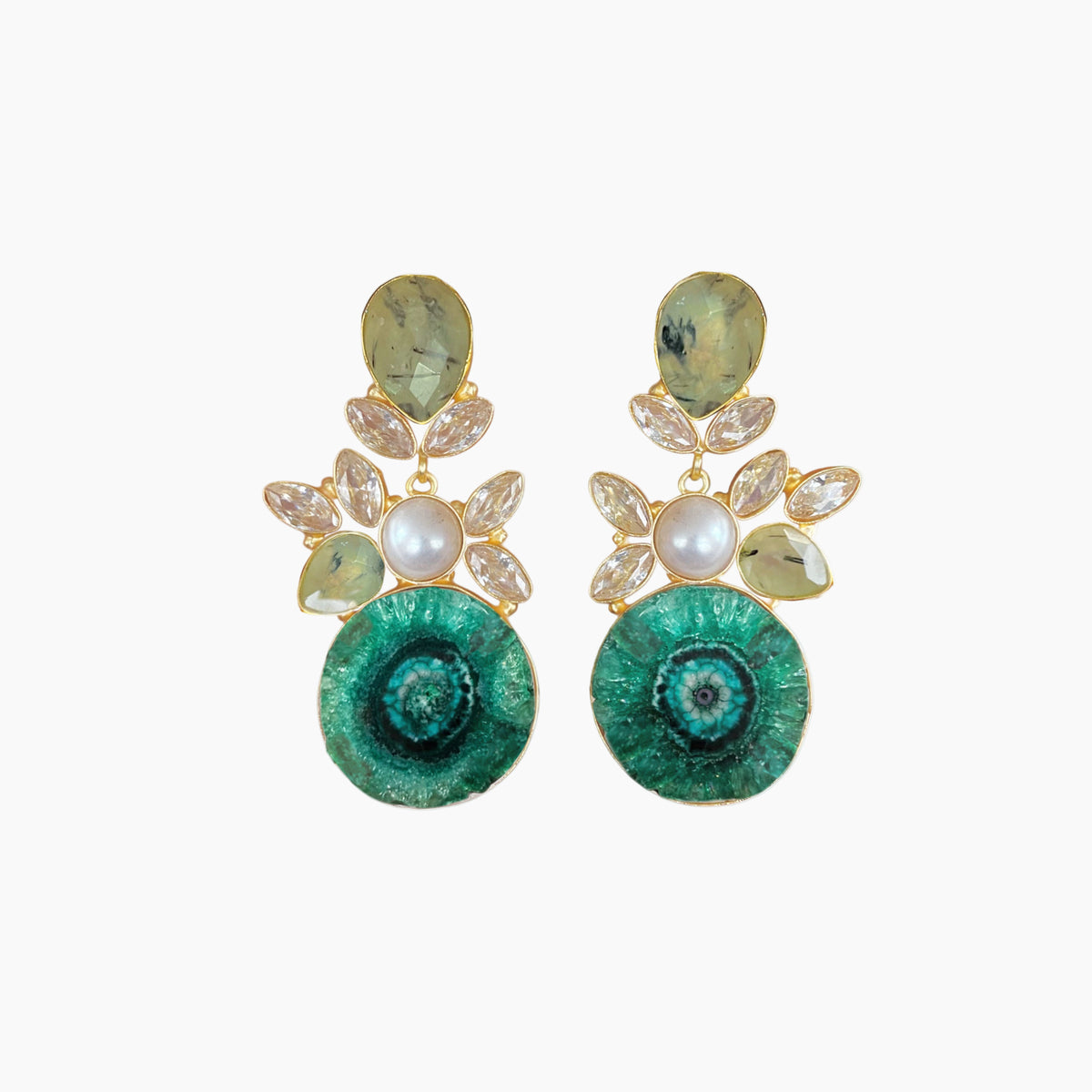 Pair of earrings with green circular designs and gold accents on a white background