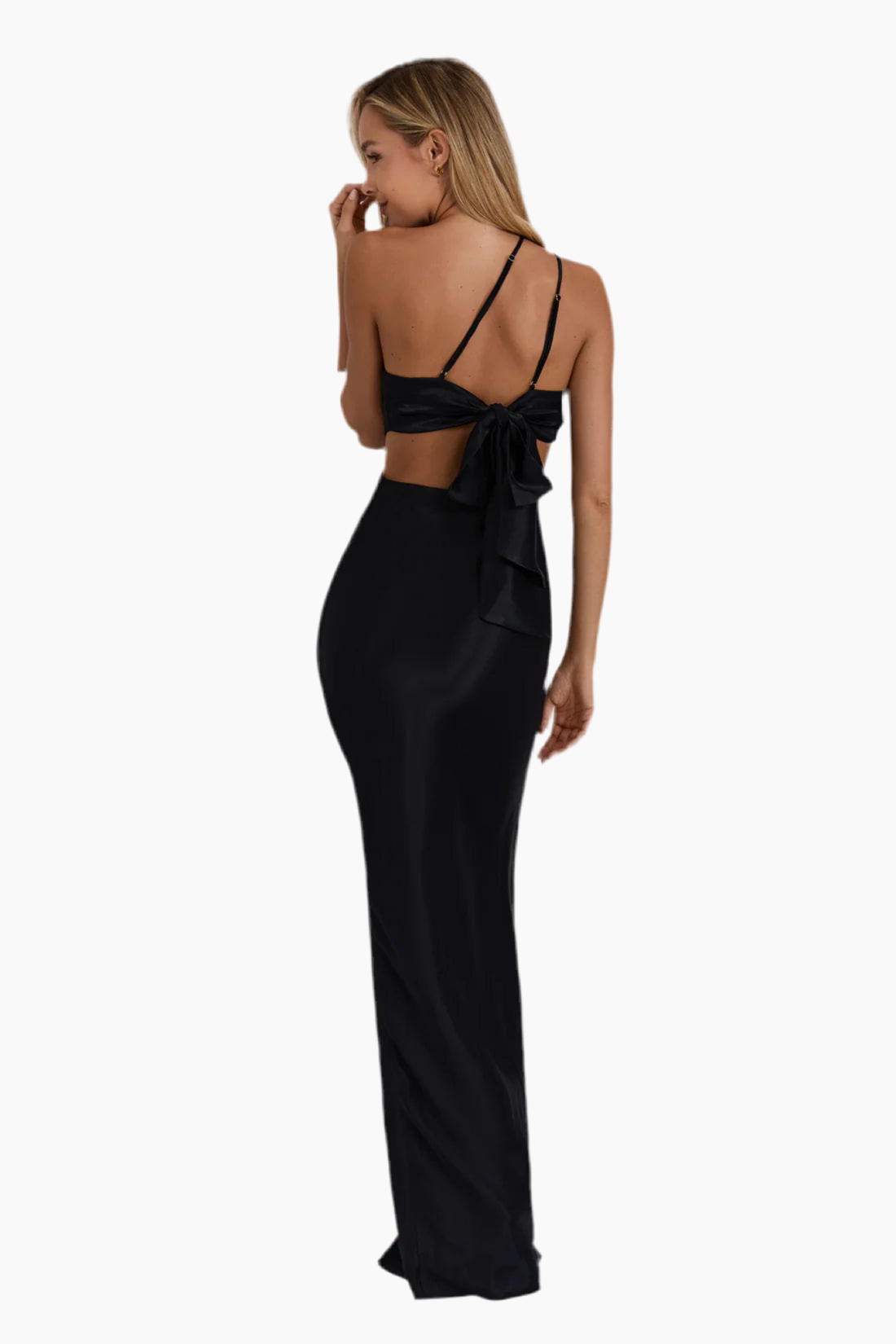 Black evening gown with a deep neckline and open back.