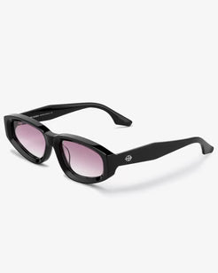 Black cat-eye sunglasses with pink lenses on a white background