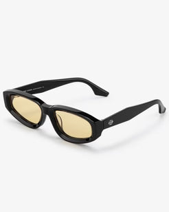 Black sunglasses with gold lenses on a white background