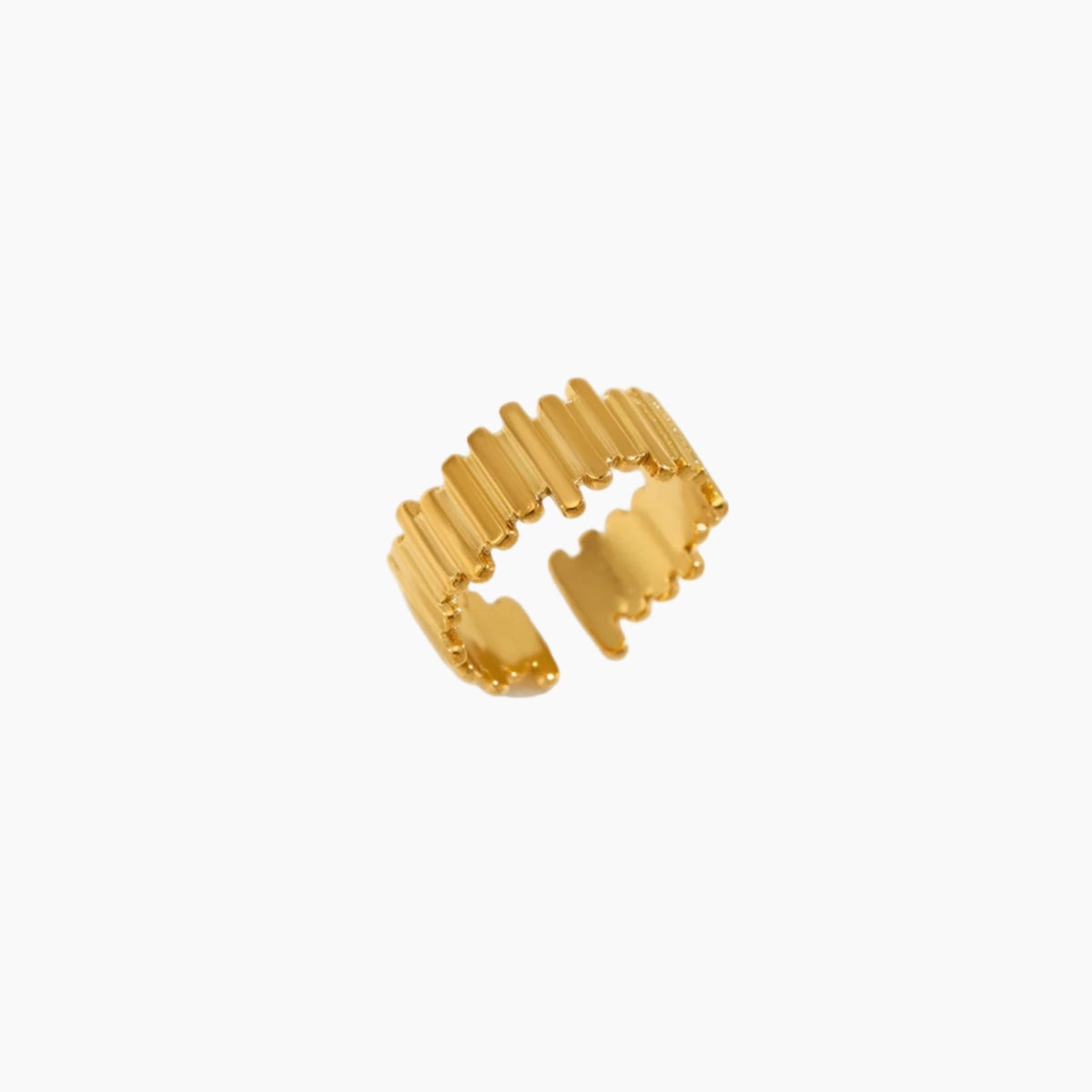 Gold ring with a textured design on a white background