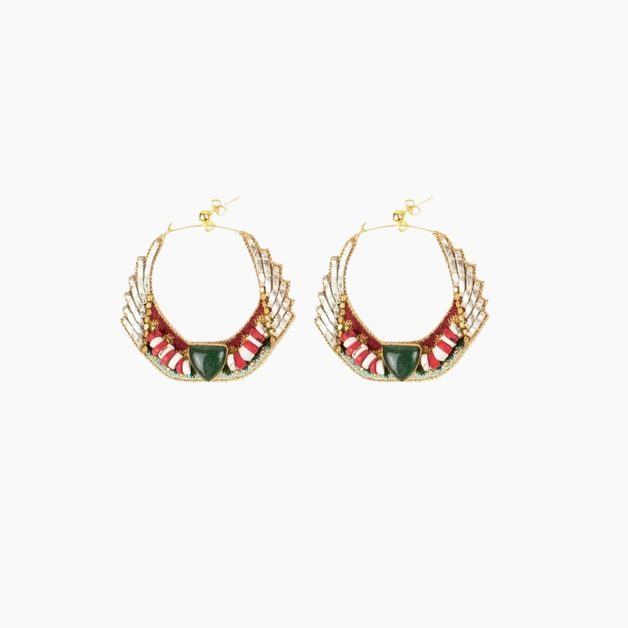 Pair of gold hoop earrings with red and green accents