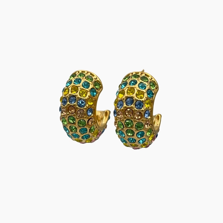 Gold hoop earrings with green and blue gemstones