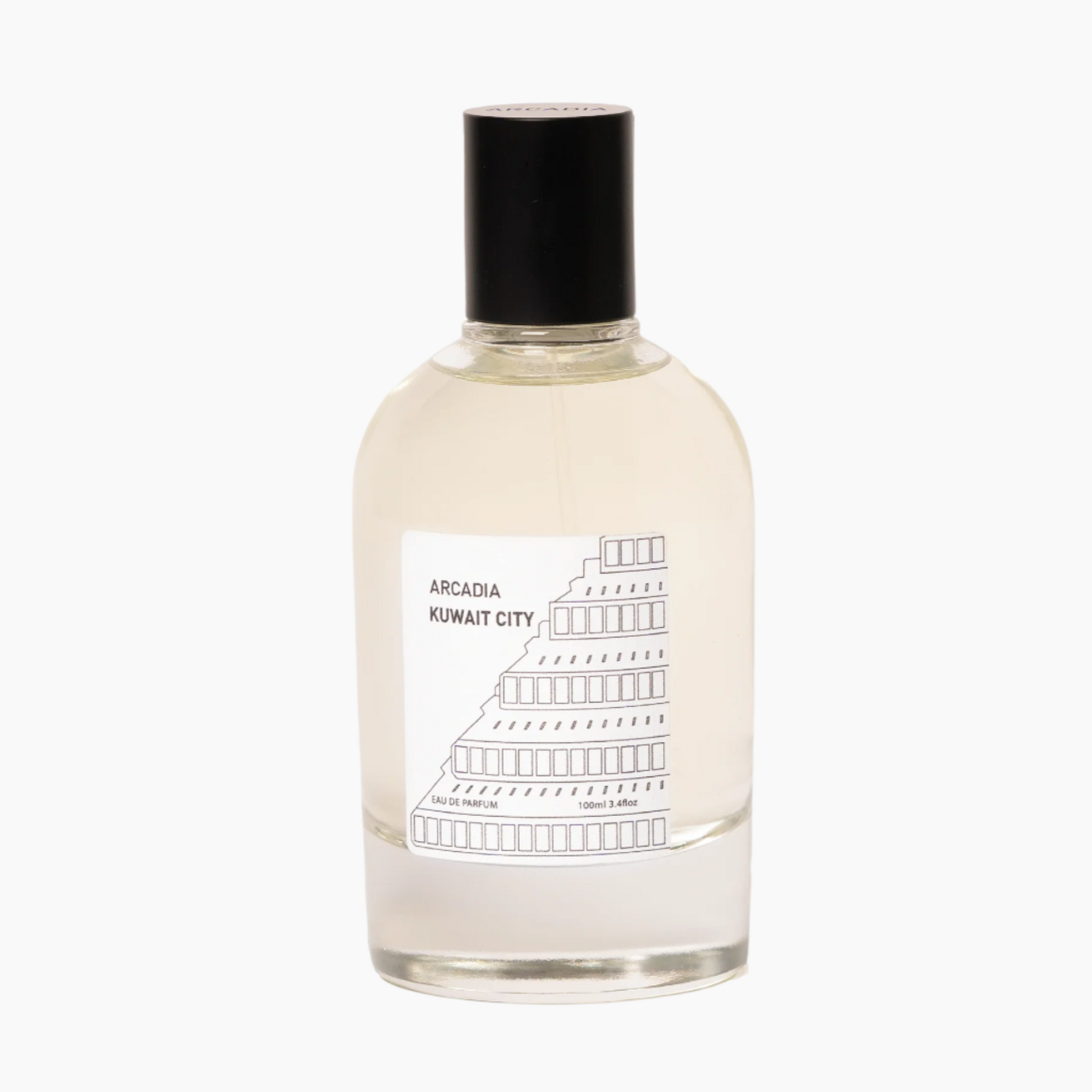 Perfume bottle with a small image of smoke and leaves, sandalwood, patchouli, cedarwood, musk, oud accord
