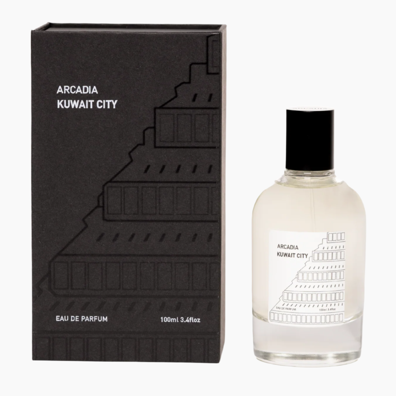 Perfume bottle with a small image of smoke and leaves, sandalwood, patchouli, cedarwood, musk, oud accord