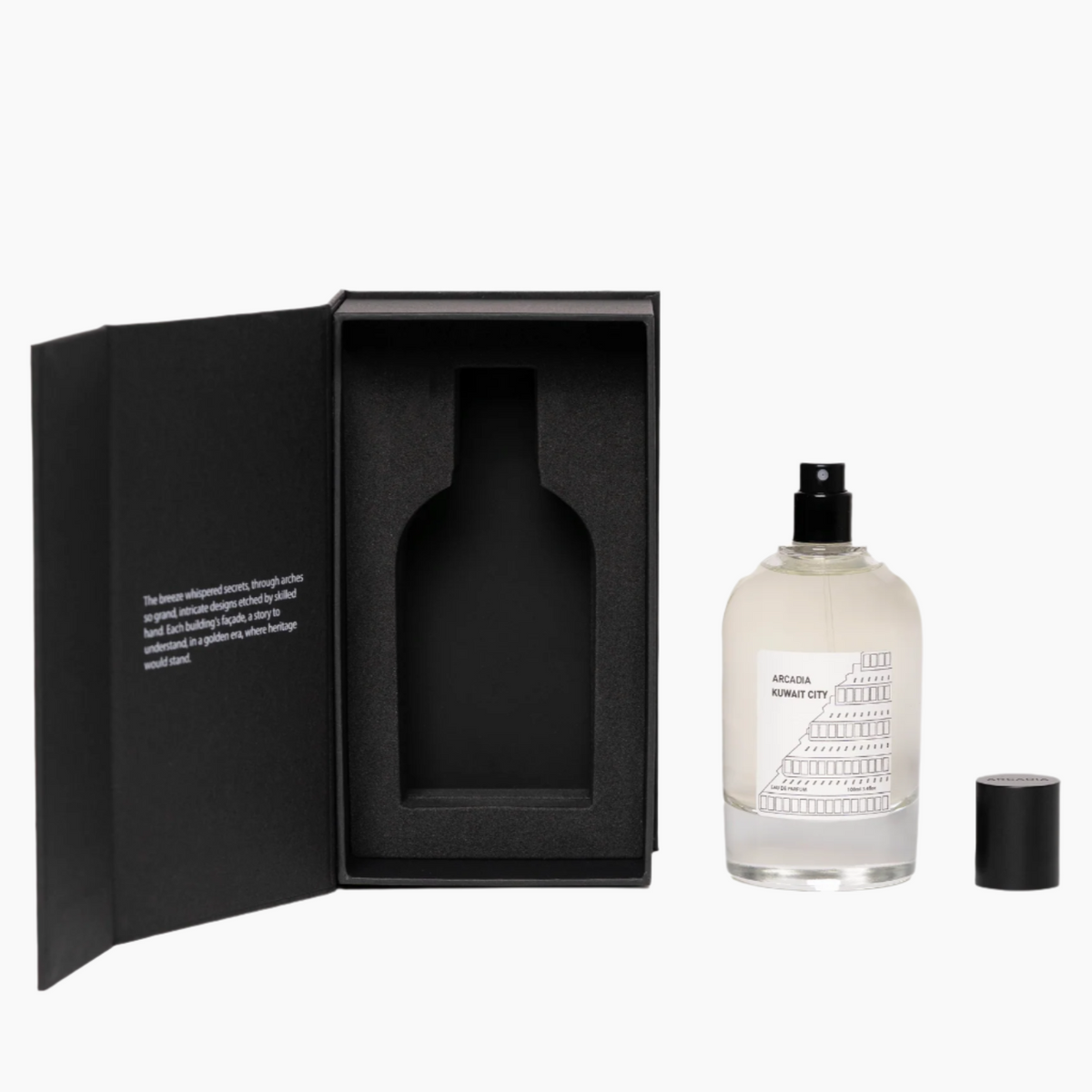 Perfume bottle with a small image of smoke and leaves, sandalwood, patchouli, cedarwood, musk, oud accord