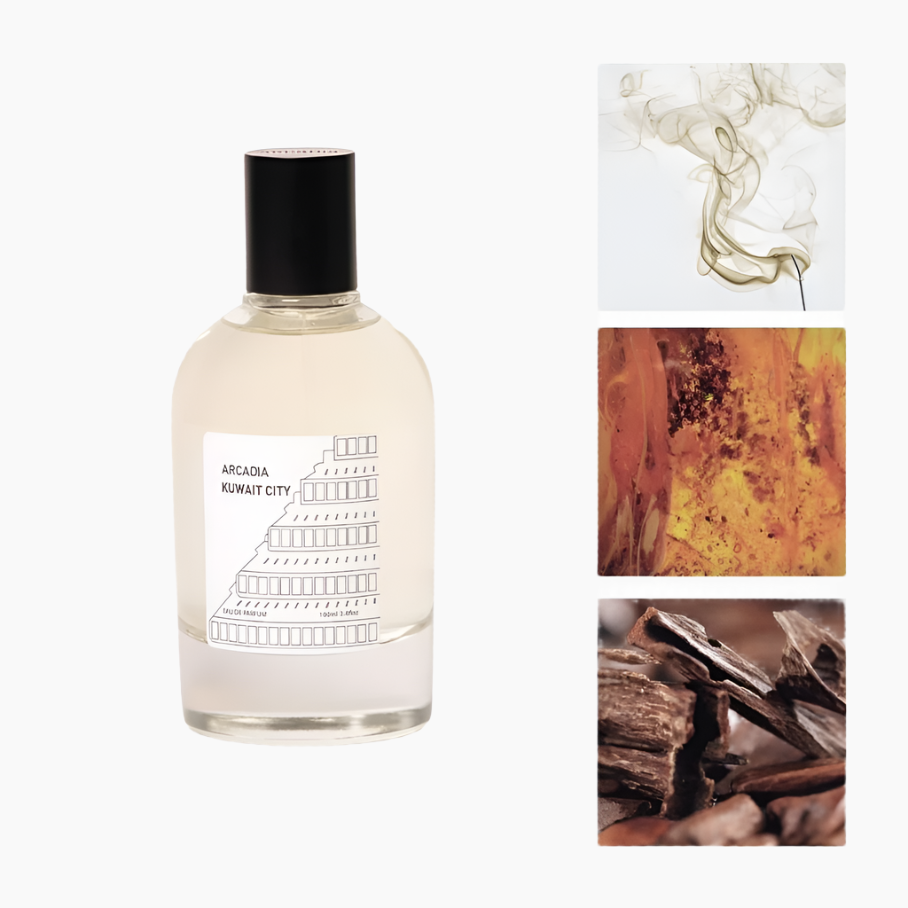 Perfume bottle with a small image of smoke and leaves, sandalwood, patchouli, cedarwood, musk, oud accord