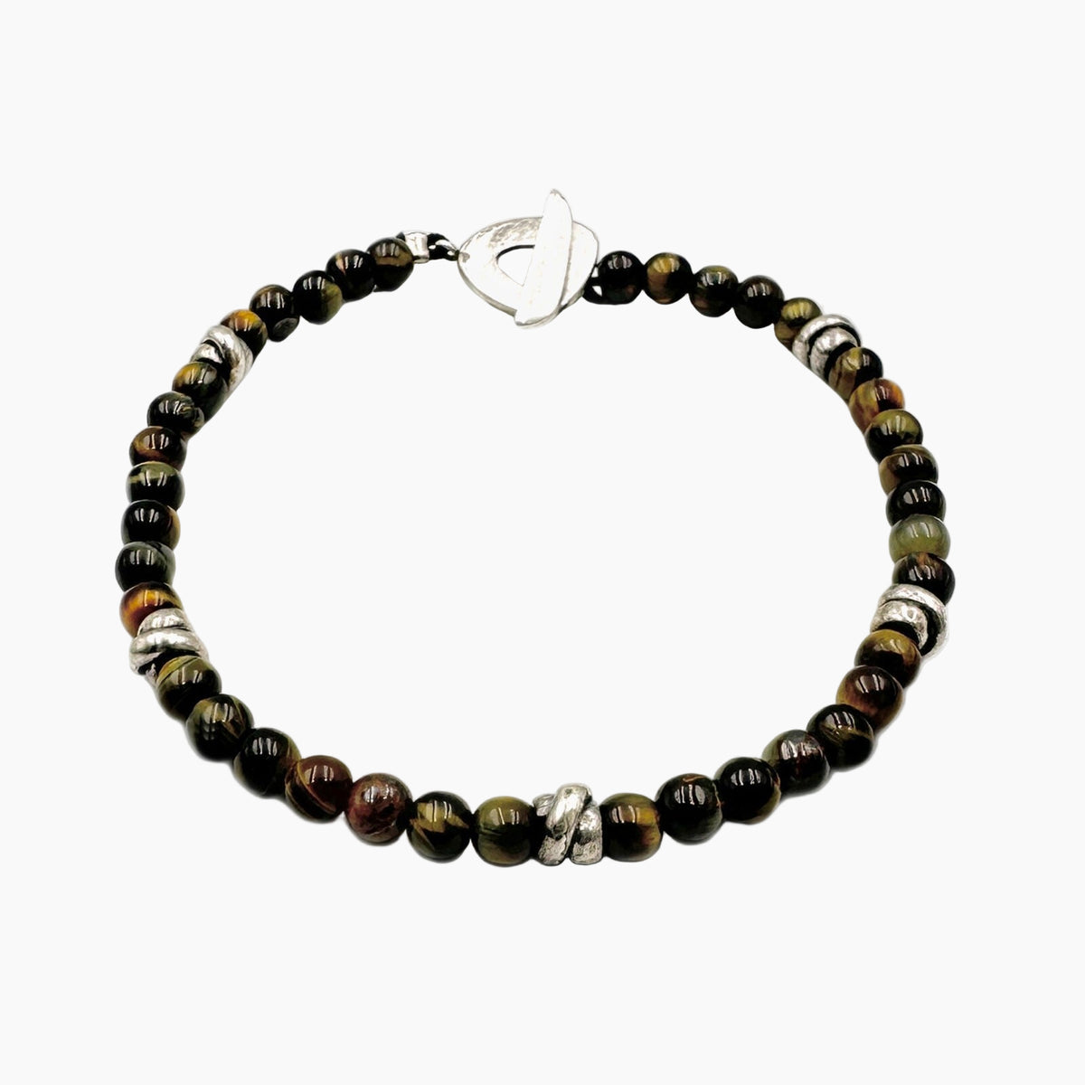 Beaded bracelet with a silver clasp on a white background