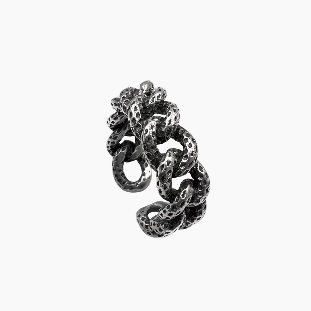 Pair of black chain-link earrings on a white background