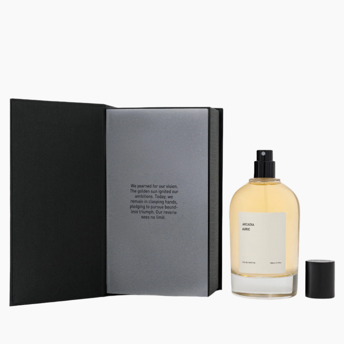 Perfume bottle with a collage of floral and fruit images , sandalwood, patchouli, cedarwood, musk, oud accord