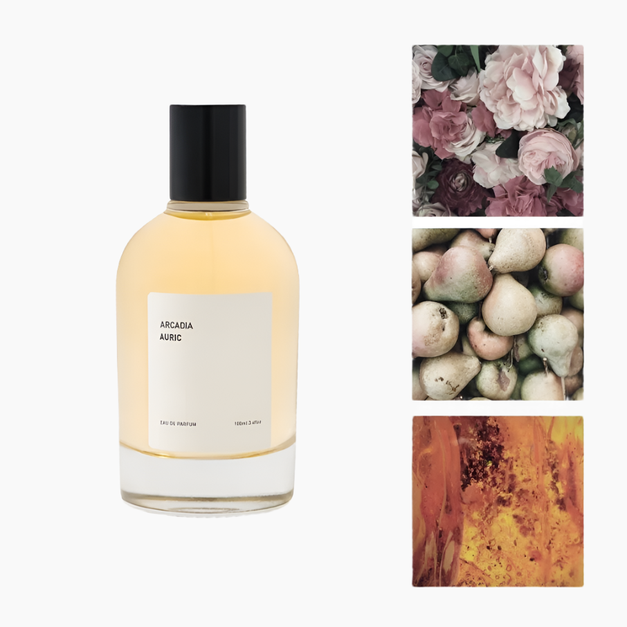 Perfume bottle with a collage of floral and fruit images , sandalwood, patchouli, cedarwood, musk, oud accord