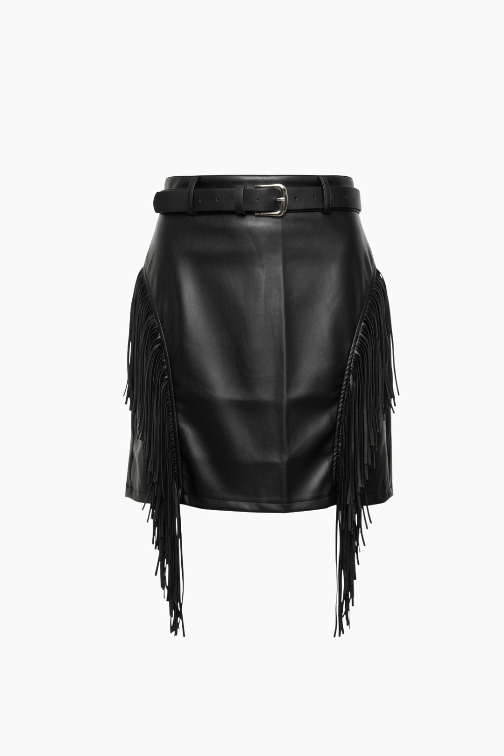 Black leather skirt with fringe details