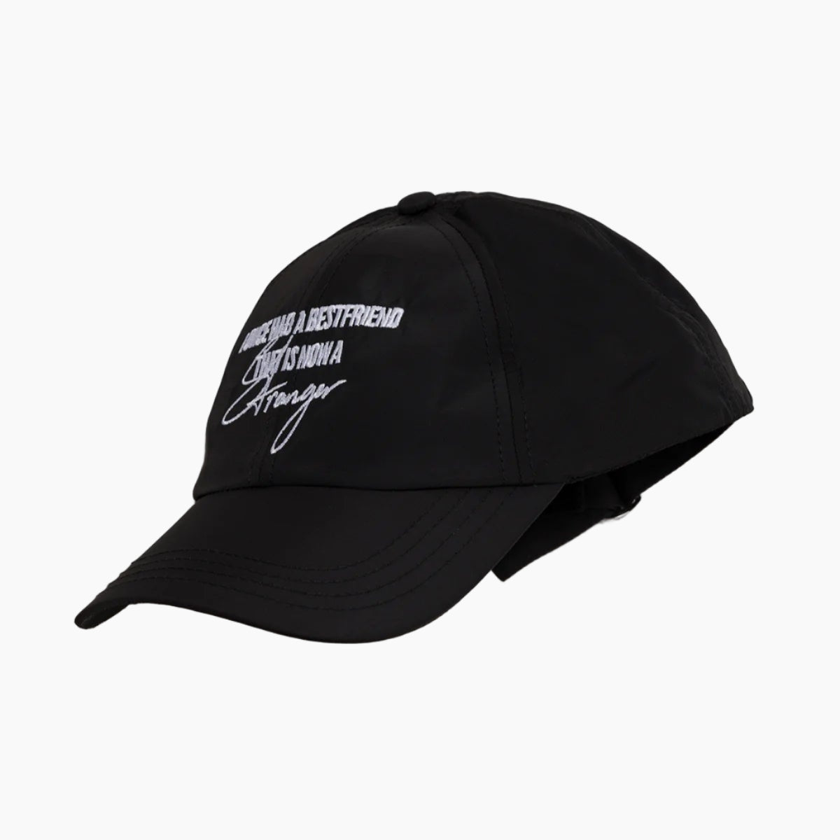 Black cap with white text on a gray background