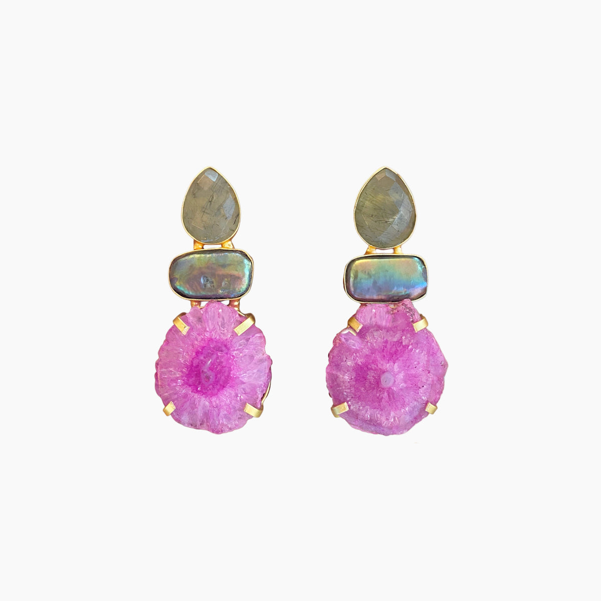 Earrings with pink & green gemstones and gold accent