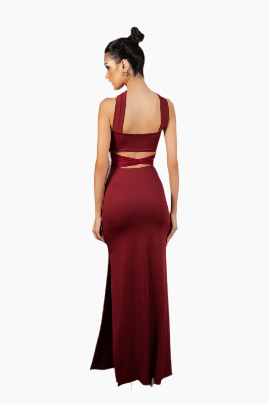 Burgundy evening gown with cut-out design.