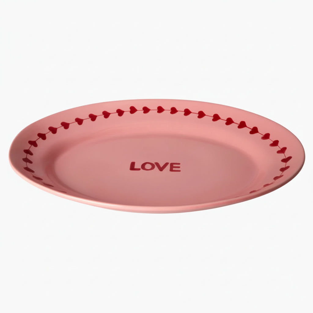 Pink plate with heart border and 'LOVE' text