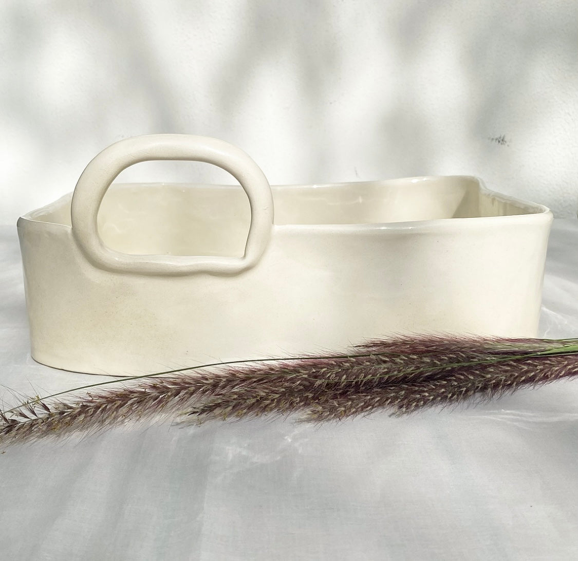 white Ceramic Wide Bowl with Handle