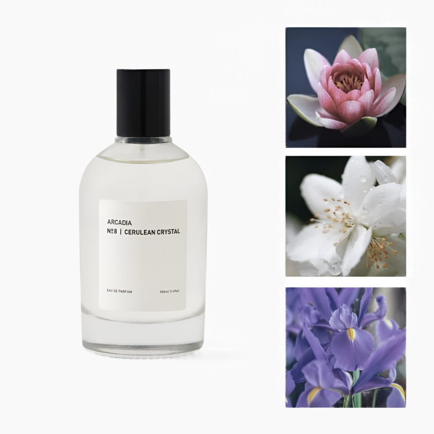 Perfume bottle with floral images, woody notes of iris, vetiver and sandalwood.