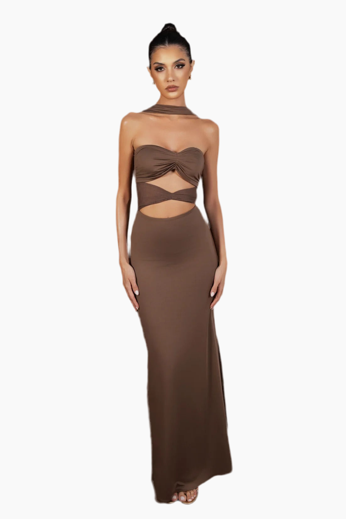 Brown strapless gown with cut-out design.