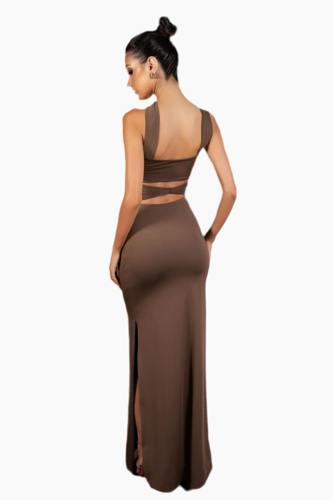 Brown evening gown with cut-out design.
