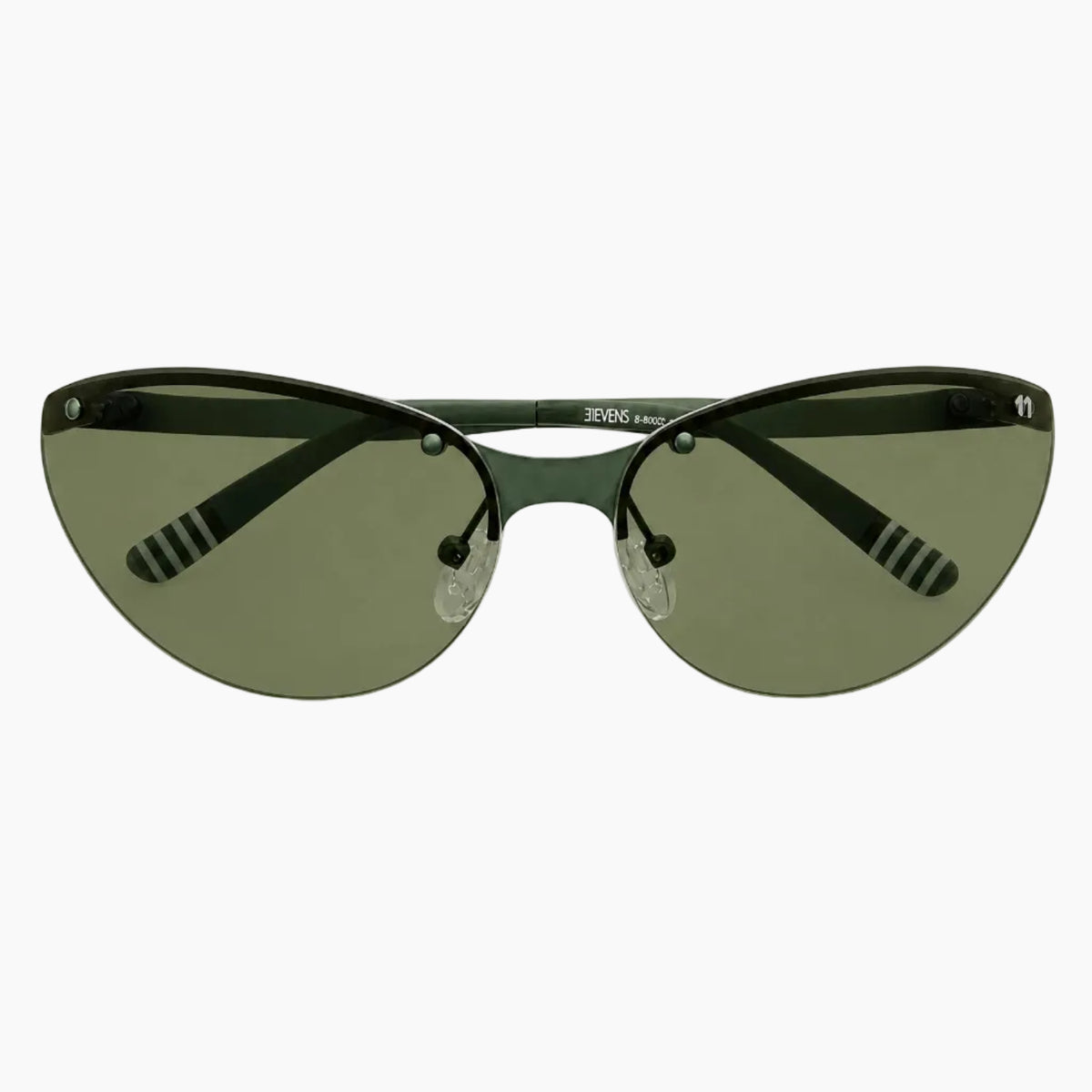 Sunglasses with black frame and green lenses on a white background