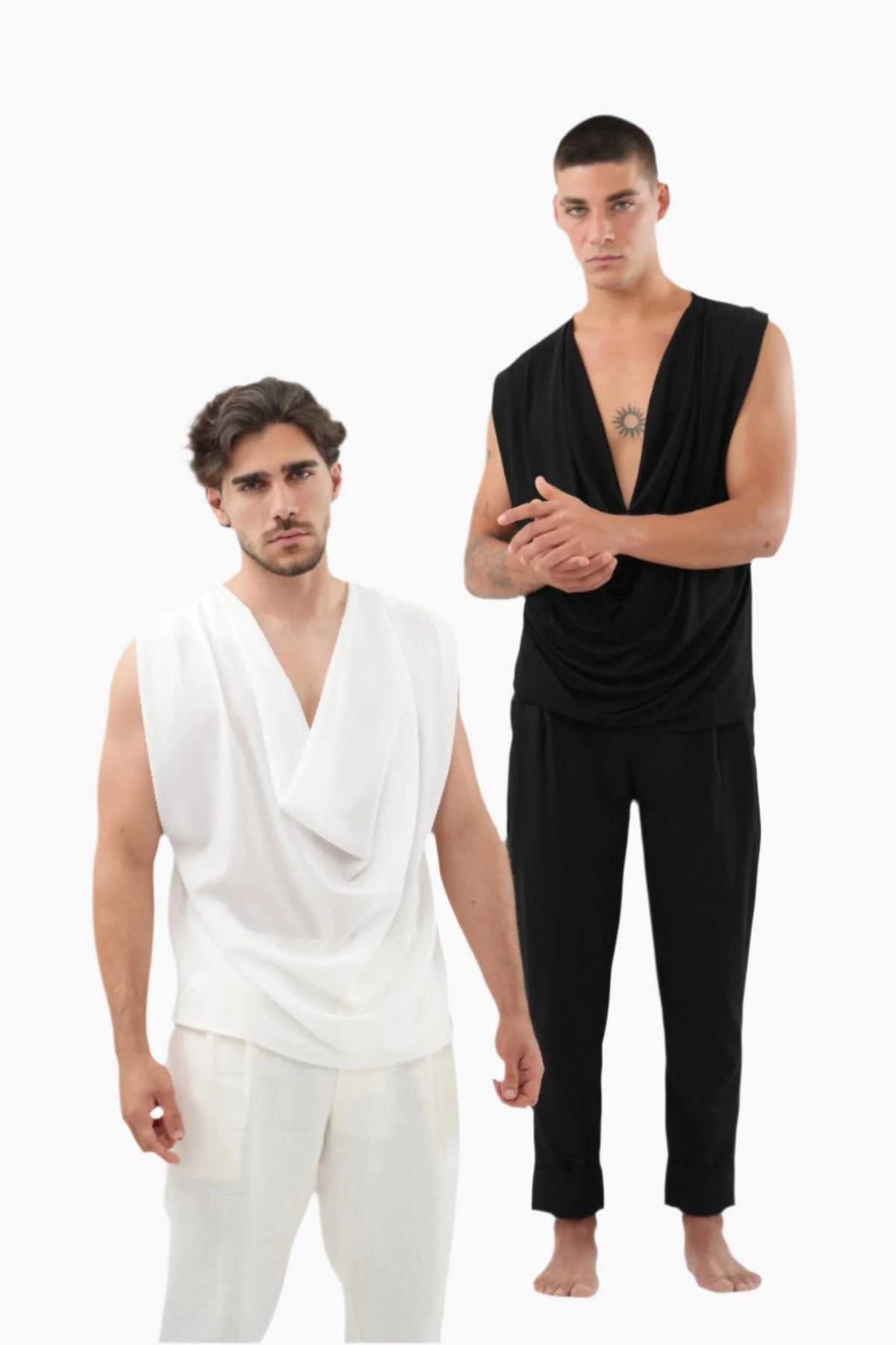 Two men wearing white and black sleeveless tops with pants