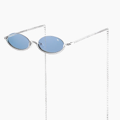 Sunglasses with blue lenses and a thin chain